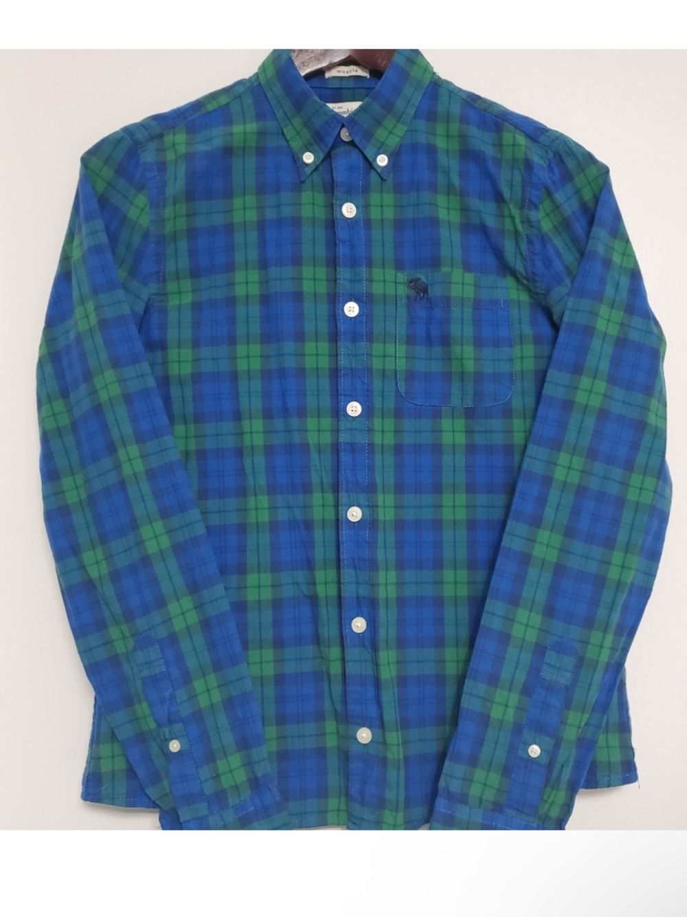 Abercrombie Kids Green Blue Tartán Plaid Long Sleeve Button Down Muscle Shirt XL